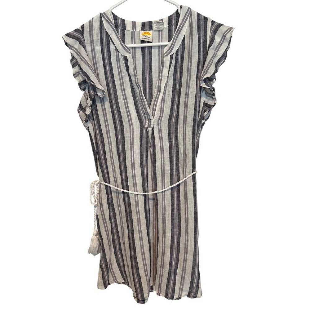 C&C California Women S Mini Dress Grey White Stripe Linen Blend Beach Cover Up